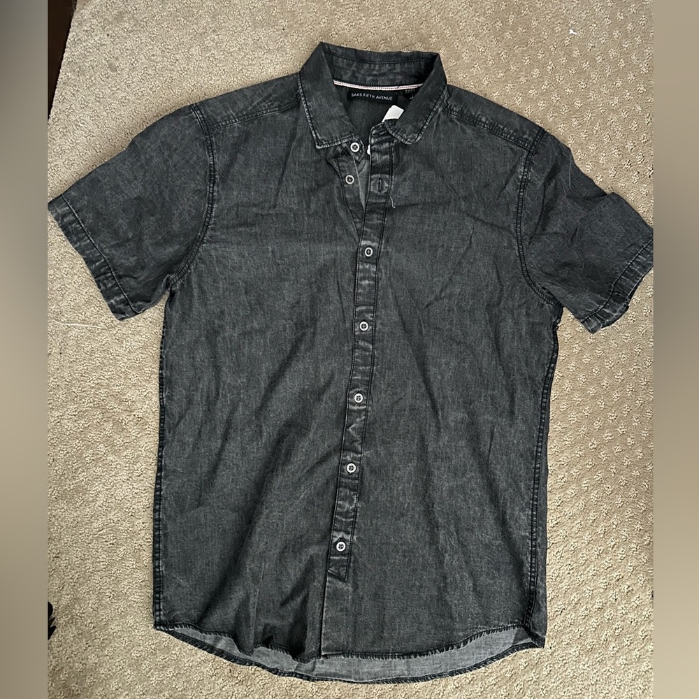 Saks Fifth Avenue 100% Cotton Shirt S Men's Short Sleeve Dark Gray NWT